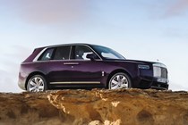 Rolls-Royce Cullinan (2024) review: front three quarter static, purple paint