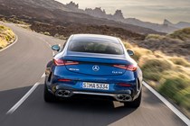 Mercedes-AMG CLE 53 review: rear driving, low angle, blue paint