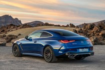 Mercedes-AMG CLE 53 review: rear three quarter static, low angle, blue paint