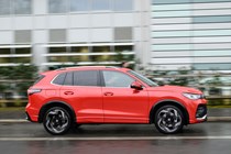 VW Tiguan review - side, Persimmon Red, driving, Bauer Media exclusive image