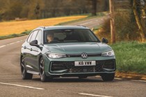 Volkswagen Passat review: front three quarter cornering, petrol green paint