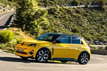 Renault 5 E-Tech (2024) review: front three quarter cornering, yellow paint