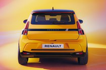 Renault 5 E-Tech Electric (2025): rear static, yellow paint, studio shoot