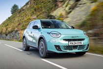 Fiat 600 Hybrid review - front, blue, driving