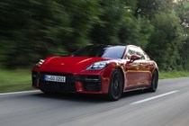 Porsche Panamera GTS: front three quarter driving, red paint