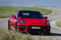 Porsche Panamera GTS: front three quarter cornering, red paint