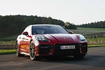 Porsche Panamera GTS: front three quarter static, black upholstery