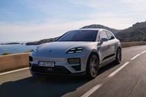 Porsche Macan (2024) review: front three quarter driving, coast road, silver paint
