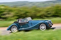 Morgan Plus Six review - front side, blue, driving in countryside, exclusive Bauer image