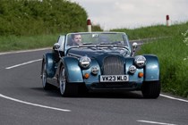 Morgan Plus Six review - rear side, blue, cornering, exclusive Bauer image