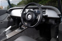 Morgan Plus Six review - interior, low, focused on steering wheel, exclusive Bauer image