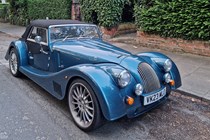 Morgan Plus Six review - front, blue, parked with roof up, exclusive Bauer image