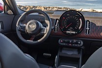 MINI Countryman JCW (2024) review: interior, dashboard and infotainment system, black leather upholstery