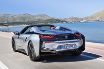 BMW i8 Roadster silver, rear, driving