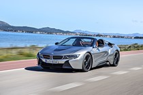 BMW i8 Roadster silver, front, driving