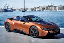 BMW i8 Roadster front side, roof down