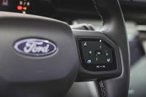 Ford Explorer review: steering wheel, black leather upholstery