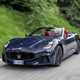 Maserati GranCabrio Trofeo review: front three quarter driving, black paint