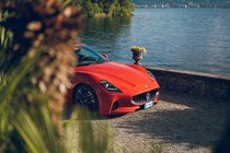 Maserati GranCabrio Folgore review: front three quarter static, bonnet orange paint