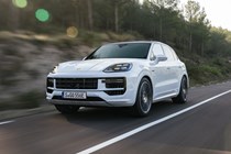 Porsche Cayenne review - 2023 facelift - Turbo E-Hybrid, white, front, driving