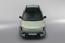 Kia EV3 (2024) reveal: front static, high angle, green paint, studio shoot