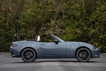Mazda MX-5 review - side view, dark grey, black BBS alloy wheels