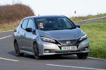 Nissan Leaf review, silver, front view, driving round corner