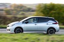 Nissan Leaf review, silver, side view, driving