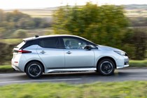 Nissan Leaf review, silver, side view, driving up hill