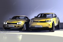 Ford Capri (2024) launch: design sketch of new and old Capri, yellow paint, front