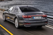 Audi A8 review (2022) rear view, driving
