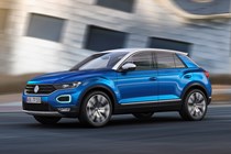 Volkswagen T-Roc driving, blue, front side