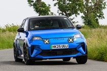 Alpine A290 review, blue, exterior, moving, front three quarters | Parkers