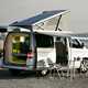 Image of Volkswagen T5 California, in silver, set for camping, viewed from the rear