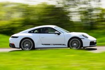 Porsche 911 992.2 Carrera T in white, dynamic side shot