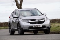 Honda CR-V (2023) review: front three quarter cornering, silver paint