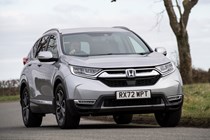 Honda CR-V (2023) review: front three quarter driving shot, silver paint
