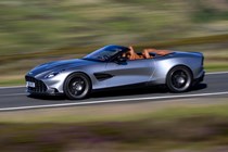 Aston Martin Vanquish Volante review - front side, silver, driving fast