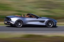 Aston Martin Vanquish Volante review - side, silver, driving fast