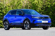 Vauxhall Mokka Electric review, static, blue, front three quarters | Parkers