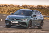 The Volkswagen Passat is our leasing pick of the week, turquoise, driving, cornering, front three quarters | Parkers