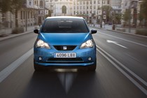 SEAT Mii Electric review - dead-on front view, blue, driving, 2019