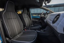 SEAT Mii Electric review - interior, wide view showing front seats, 2019