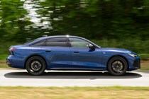 Audi A6 saloon (2025) review: side view driving, blue paint