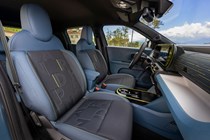 Fiat Grande Panda Hybrid (2025) review: front seats, blue and black upholstery