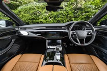 Image of the Audi S8's dashboard, viewed from the back seat