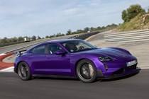 Porsche Taycan review - Turbo GT Weissach package, Purple Sky metallic, front side view, driving on track