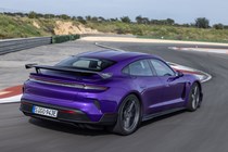 Porsche Taycan review - Turbo GT Weissach package, Purple Sky metallic, rear view, driving on track