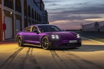 Porsche Taycan review - Turbo GT Weissach package, Purple Sky metallic, front, pitlane at night