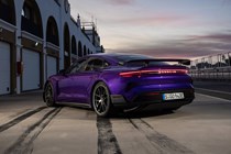 Porsche Taycan review - Turbo GT Weissach package, Purple Sky metallic, rear, pitlane at night